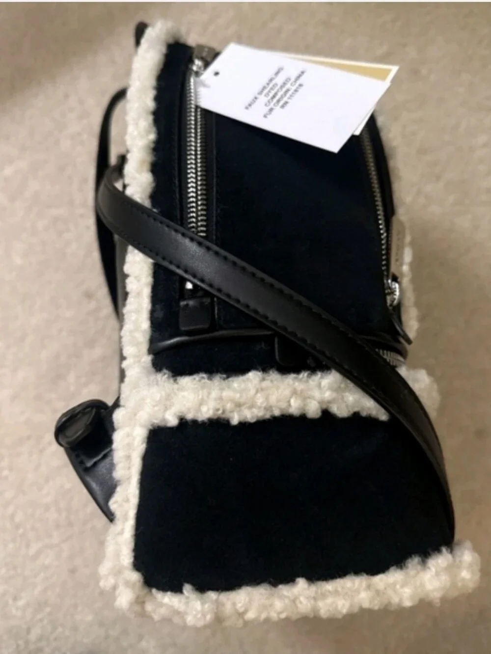 Michael Kors Rhea Black Suede Leather Backpack with Cream Shearling Trim NWT